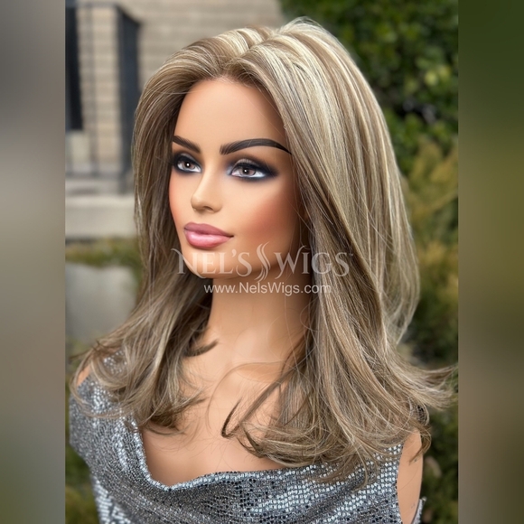 Nels Wigs Kay Light Brunette & Blonde Highlights Monofilament Wig - Picture 3 of 15